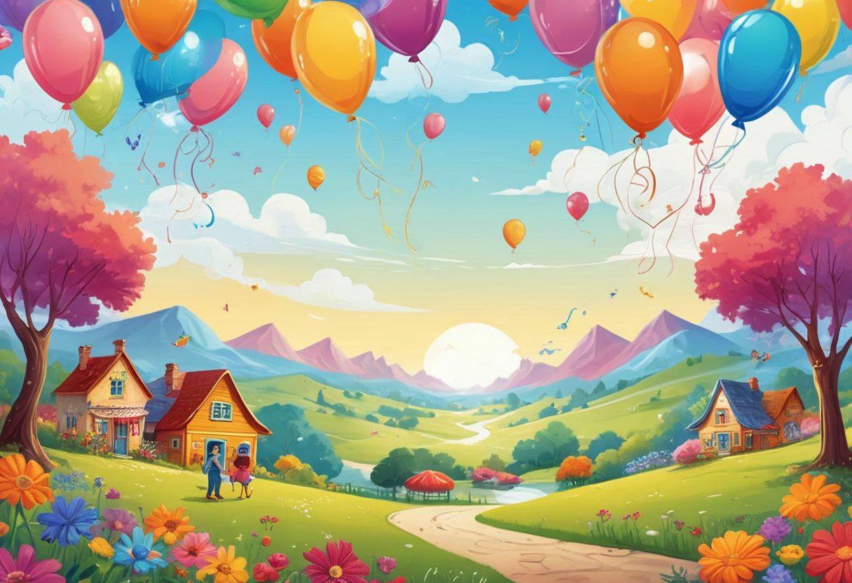 A colorful scene filled with playful cartoon characters sharing jokes, surrounded by swirling ribbons and balloons. In the background, a whimsical landscape with bright flowers and smiling clouds, all expressing joy and laughter. Incorporate speech bubbles with witty quips appearing above the characters. The overall vibe should be cheerful and inviting, perfect for a blog about humor. vibrant colors. cartoon style. cheerful atmosphere.