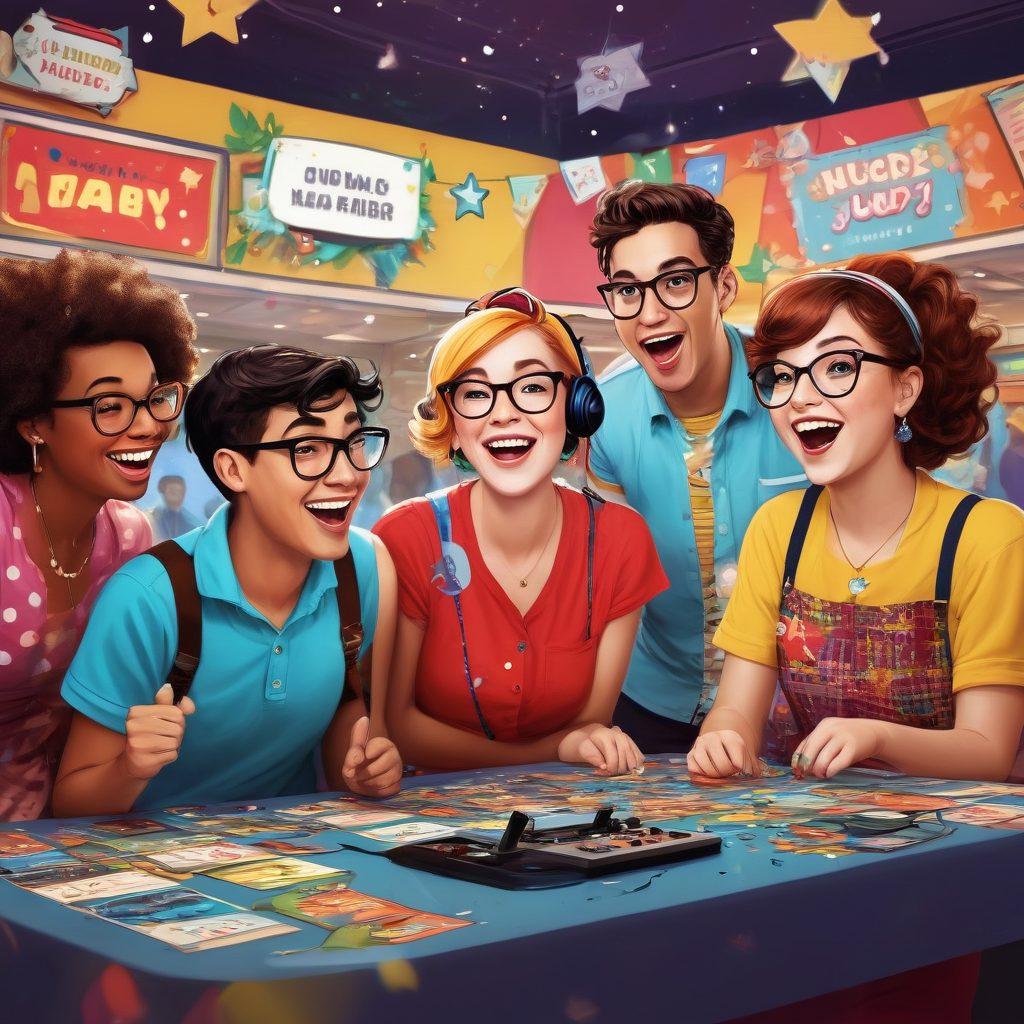 A whimsical, colorful comic strip featuring a group of nerdy friends in quirky outfits sharing silly jokes. The scene includes a lively backdrop of a game convention, with vibrant banners, retro gaming consoles, and animated expressions of laughter. Incorporate speech bubbles with playful jokes, surrounded by floating stars and confetti to symbolize joy. The overall tone is light-hearted and inviting. vibrant colors. cartoon style.